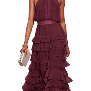 Elegant Burgundy Ruffle Maxi Dress